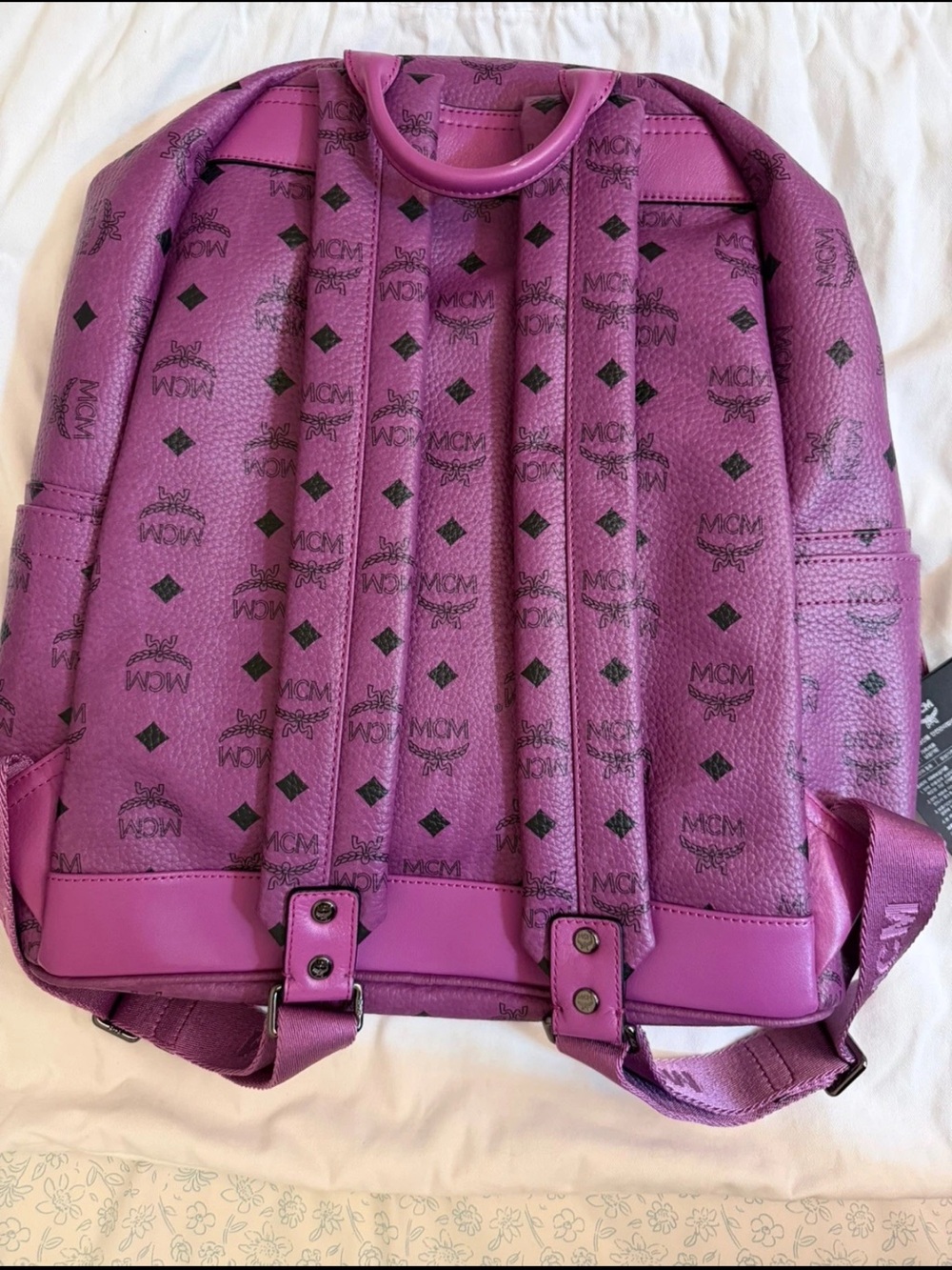 MCM Purple Logo Studded Leather Backpack with Black Print - Picture 2 of 8